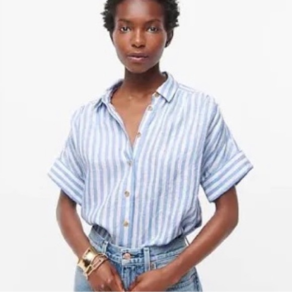 NEW J.Crew Relaxed-fit short-sleeve Baird McNutt Irish linen shirt in stripe - Picture 2 of 4